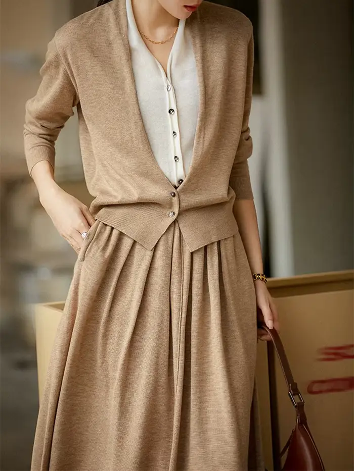 BirdTree-2024 femme nouveau dans les ensembles assortis, 32.4% laine de mouton, faux cardigan 2 pièc