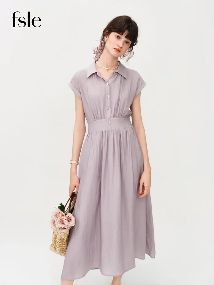 Robe mi-longue en lin coupe trapèze à col rabattu sans manches et taille ajustée en tissu Lyon, nouv