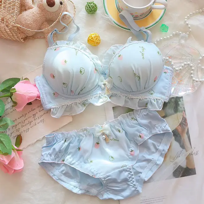 Sladká jahodová spodná bielizeň pre ženy, veľká veľkosť, roztomilý, japonská karikatúra, bralette bez oceľového krúžku, mikro zhromažďovanie, spodná bielizeň