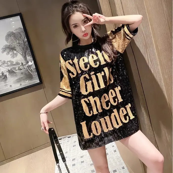 T-Shirt manches courtes pour femme, Chic Ins, lettres noires, Patchwork, paillettes, Jersey, fête, P