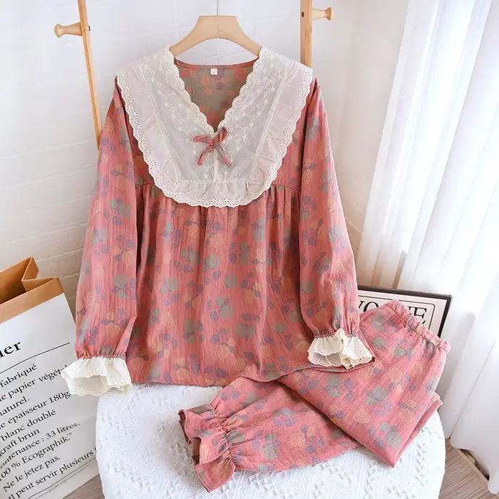 Ensemble pyjama en coton pour femme, vêtements de nuit, manches longues, motif Floral, costume de ma