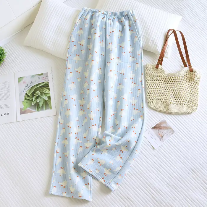 Pantalon de pyjama imprimé 100% coton pour femme, vêtement de maison chaud à trois couches, décontra