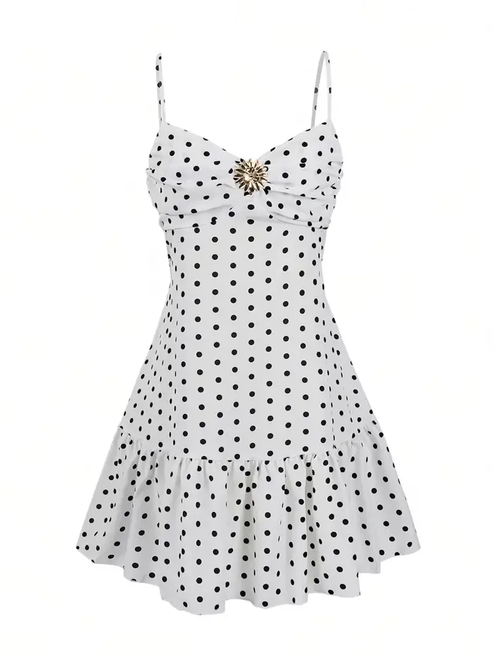 Nouvelle Robe Courte Femme Été 2026 à Pois, Robe Cami Sexy à Bretelles Fines et Ourlet Volanté, Idéa