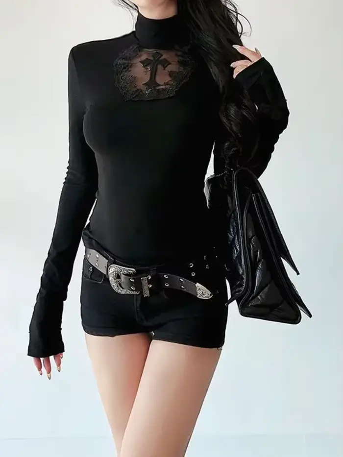 Sexy tmavo gotické tričko pre ženy dizajn y2k letné dlhé rukávy špeciálne príležitosti