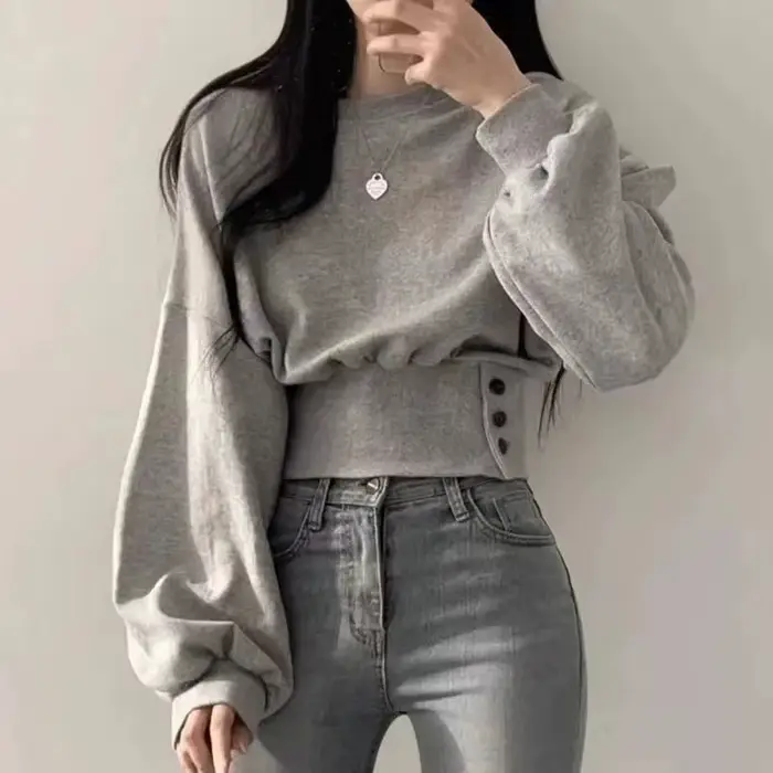 Haut court à col rond pour femme, couleur unie, manches lanternes, avec boutons, pull sportif Hip-Ho