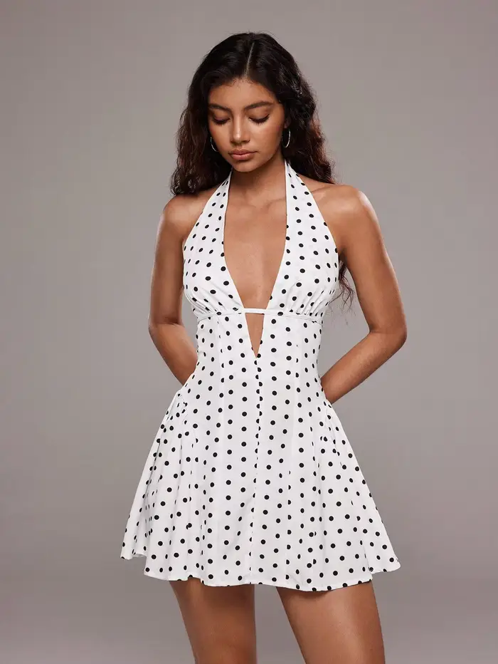 Mini robe d'été sexy à pois pour femmes, imprimé dos nu, col suspendu
