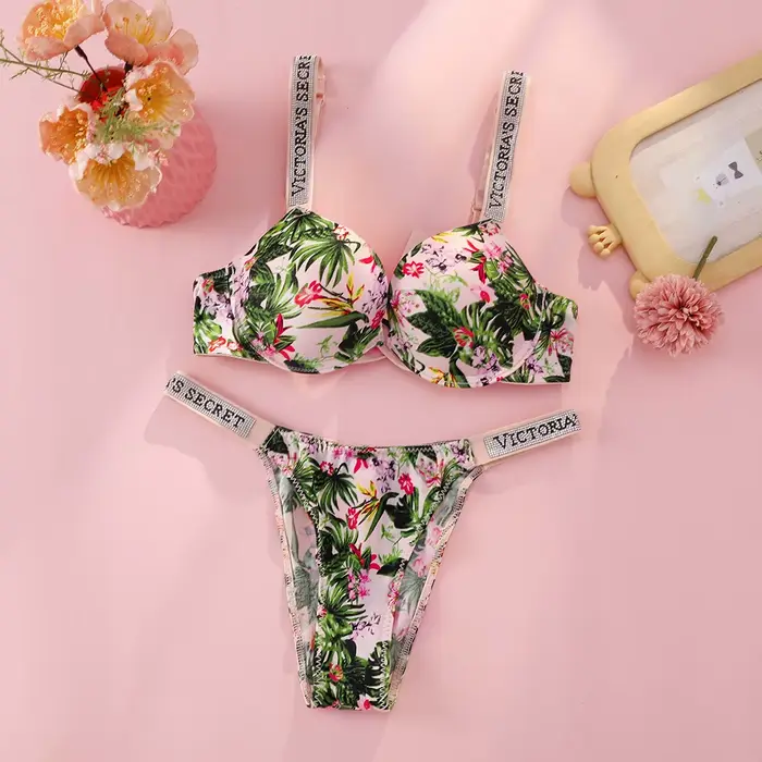 Ensemble de lingerie sexy VS, soutien-gorge push-up et culotte pour femmes, Victoria's Secret, logo 