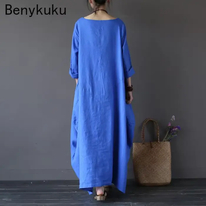 Vintage dlhé maxi šaty pre ženy s dlhými rukávmi veľká veľkosť kaftan voľný bavlnený ľanový casual 2025