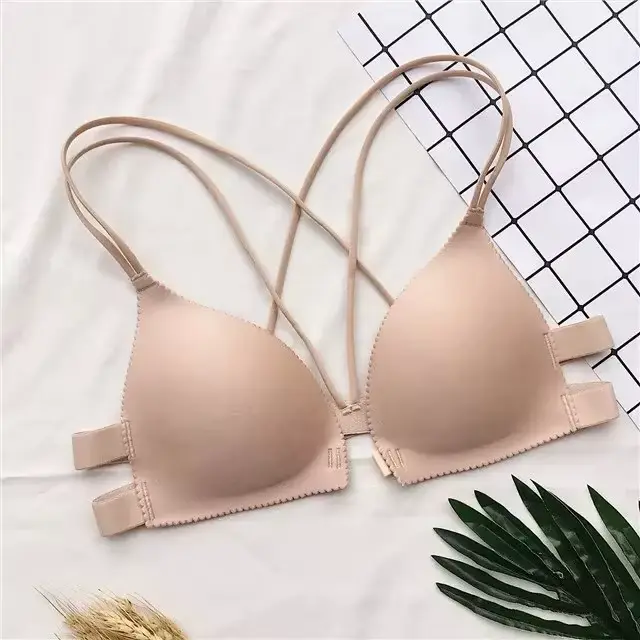 Soutien-gorge sexy pour femme, une pièce, à bretelles croisées, froncé, push-up, avec fermeture avan
