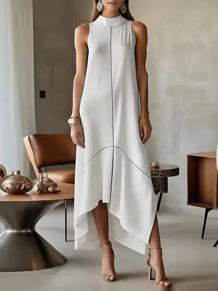 Elegantné šaty z polyesteru a elastanu pre ženy, asymetrické, rolák, bez rukávov, ideálne pre večierky a formálne akcie