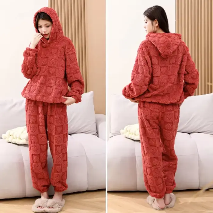 Dámske Fleece pyžamo Set, s kapucňou textúrou koralové Fleece ležérne oblečenie, dámy teplé 2-dielna Sleepwear