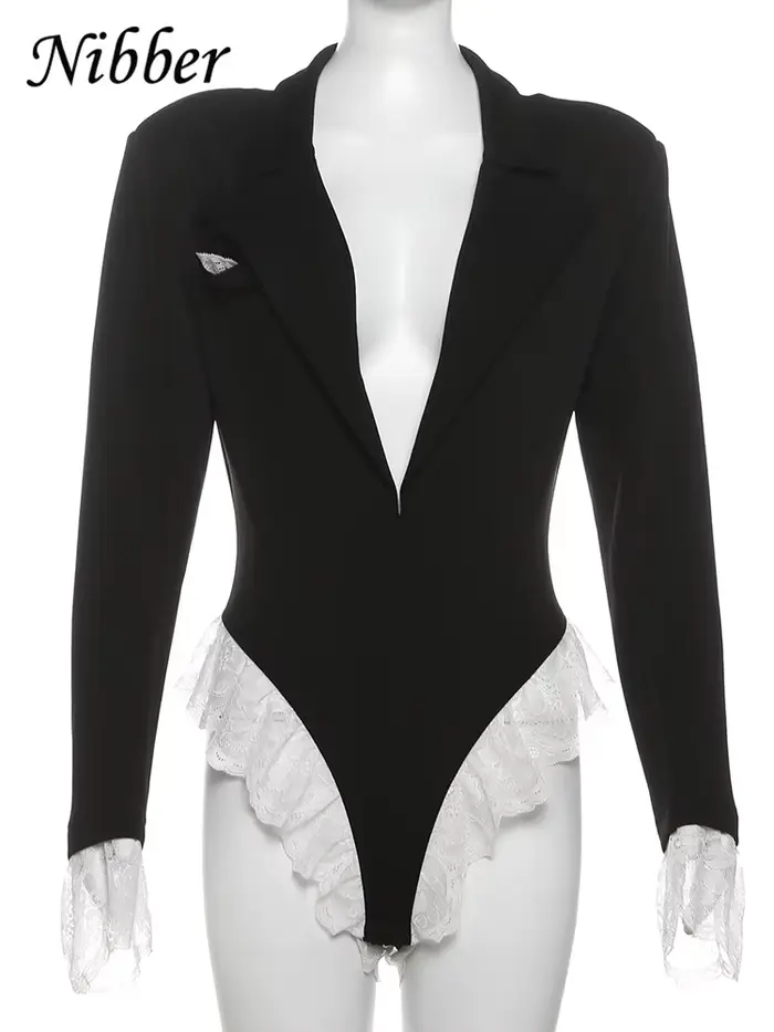 Nibber Blúzka Body Ženy Sťahovací Golier Elegantný Kancelária Dáma Senior Skinny Dlhé Rukávy Streetwear Čipka Patchwork Vogue Elegantné Tričká