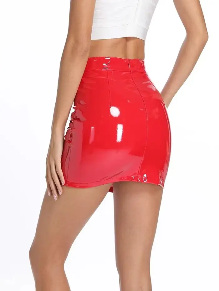 Mini jupe en faux latex pour femme, fermeture éclair invisible, sexy, PVC, taille haute, slim, décon