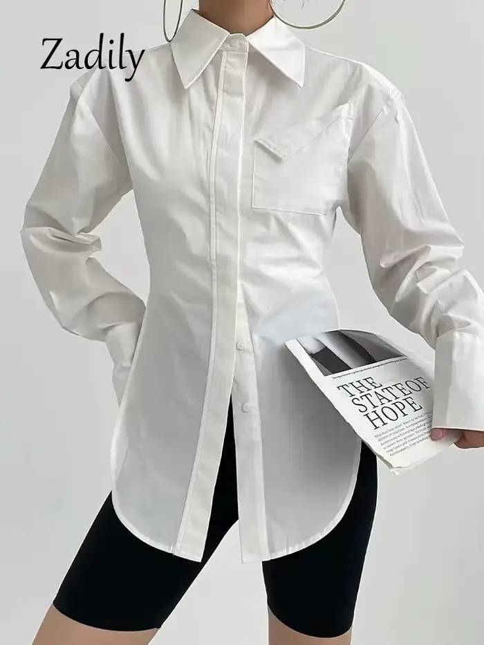 Zadily jeseň 2025 nové streetwearové dlhé rukávy biela košeľa pre ženy minimalistické vrecko gombíková dámska tunika