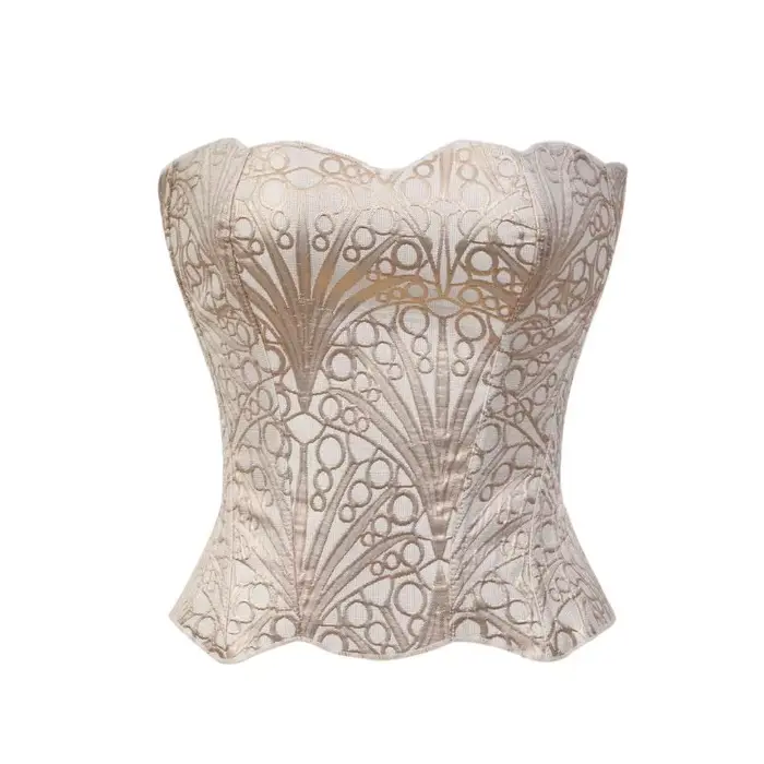 Haut corset vintage noir/doré à motifs, corsage structuré sans bretelles avec baleines