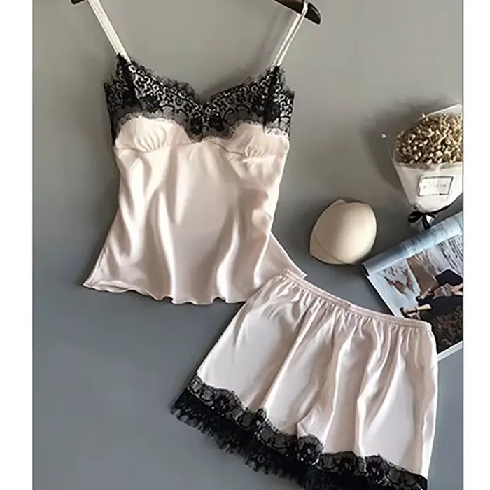 Femmes pyjama ensemble mode col en V Stretch Satin nuisette dentelle Sexy Lingerie nœud papillon chemise de nuit sommeil Shorts ensemble vêtements de nuit