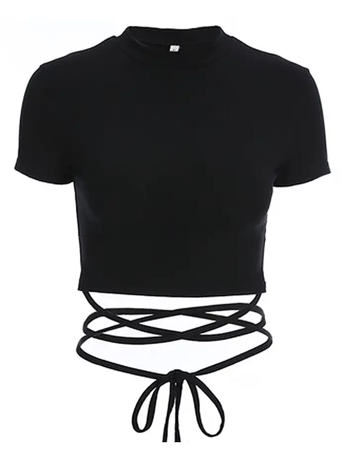 T-Shirts courts noirs pour femmes, sexy, manches courtes, bandage, été 2024