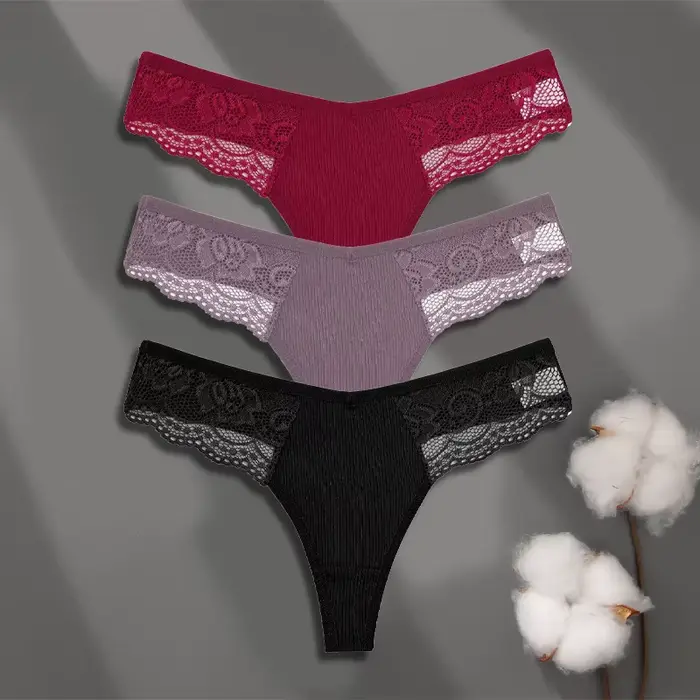 FINETOO-Sous-vêtements en coton pour femmes, 3 pièces, string en dentelle, sexy, couleur unie, taill