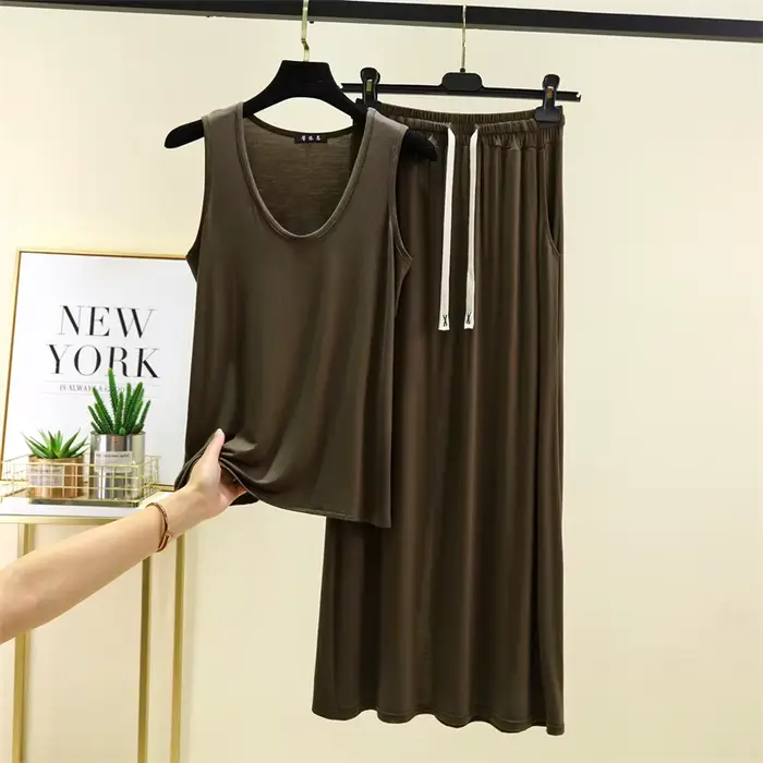 Pyjama Femme Modal Sans Manches Pantalon Cheville Taille M L XL XXL Couleurs Grises Noires Bleues Café Argentées Occasions Spéciales