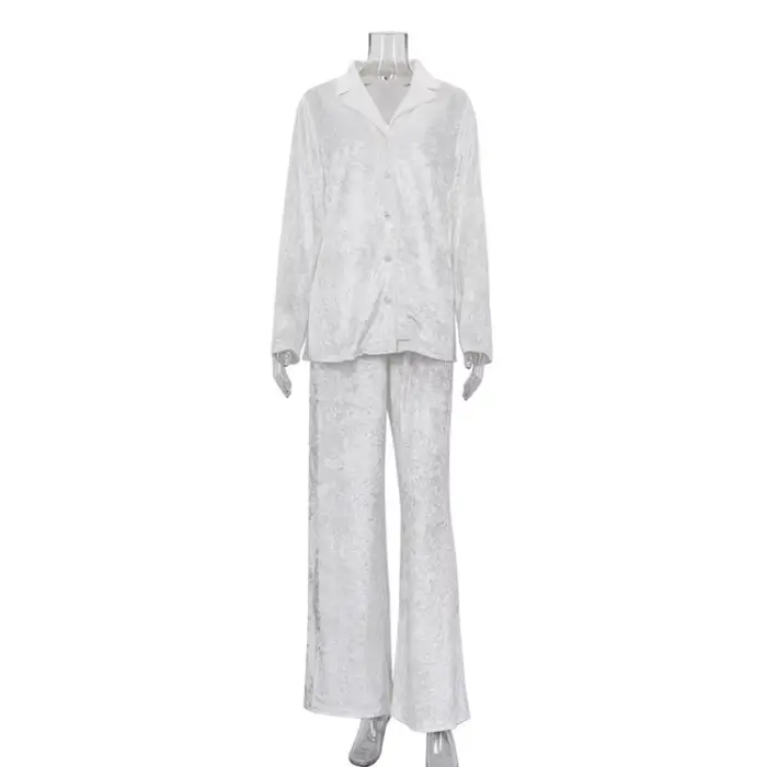 Pyjama de luxe pour femmes, ensemble deux pièces élégant, manches longues, chemise à revers, pantalo