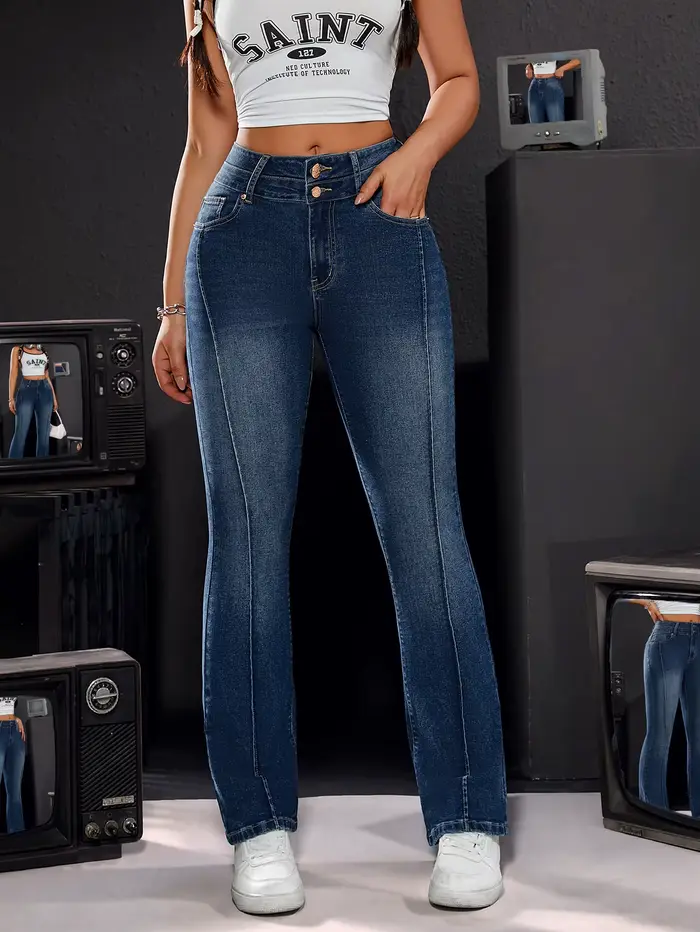 Pantalon en jean stretch taille haute pour femme, détails à double bouton, coupe confortable, jambe 