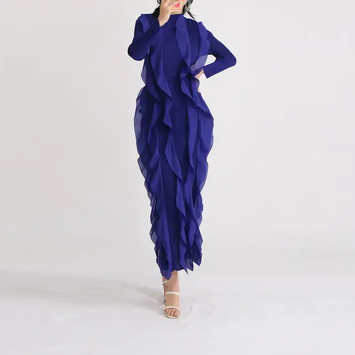 Robe longue de style français vintage, col montant, manches longues, haute élasticité, bouclier de c