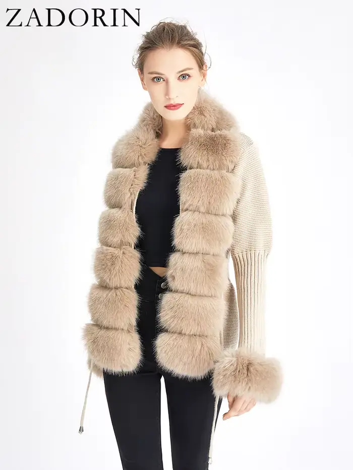 ZADORIN automne hiver femmes fausse fourrure manteau de luxe tricoté pull fourrure Cardigan col déta
