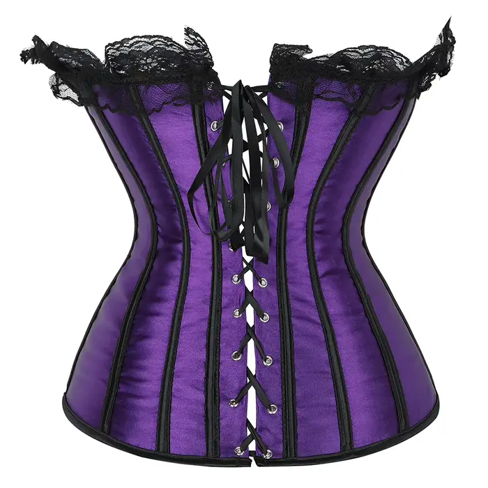 Vintage korzet pre ženy, Sexy Bustier, Overbust, fialová, s čipkami, gotický štýl, satén, pre špeciálne sviatky