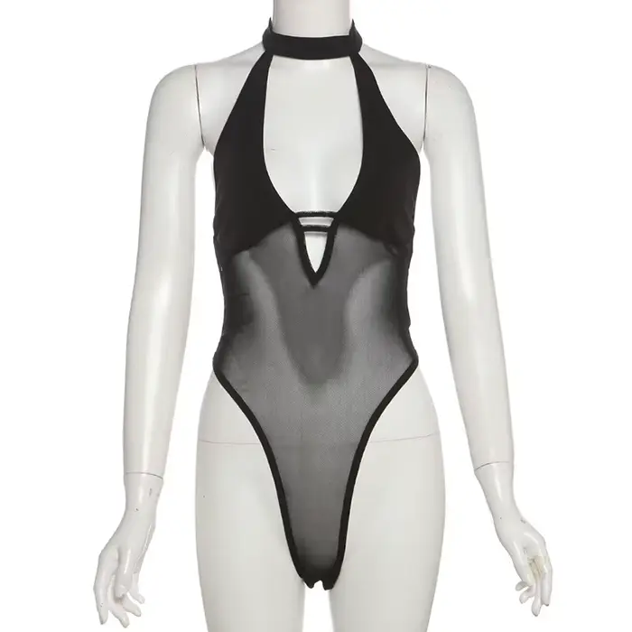 SylCue Maille Patchwork Maigre Body Femmes Licou Col Bas Sexy Décolleté Dos Nu Style Sauvage Hipster Coquette Clubwear Occasions Spéciales Soirées Fêtes