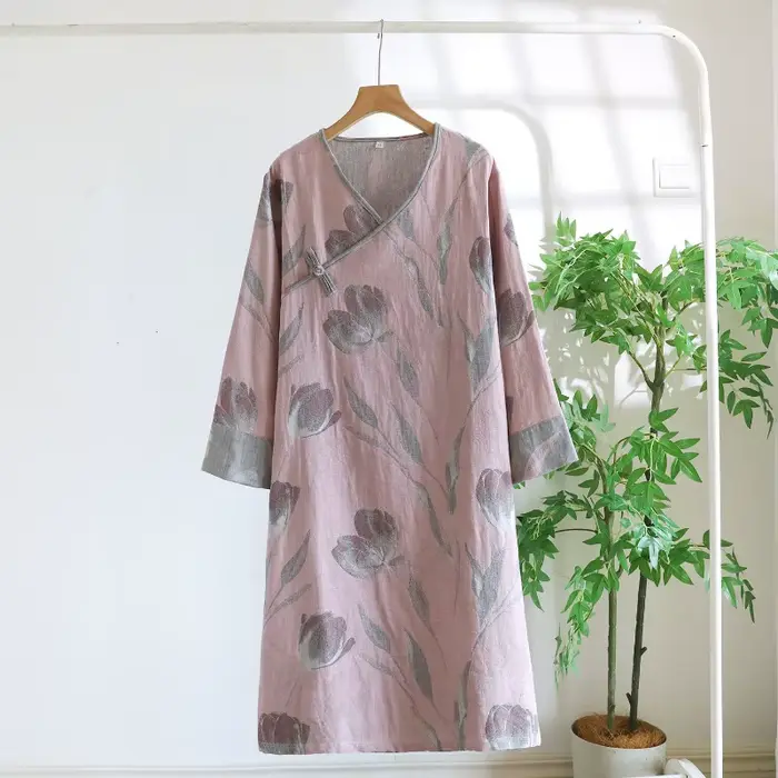 nočná košeľa v čistom bavlnenom farbenom vlákne Čínsky štýl pre ženy, relaxačné oblečenie v jemnej gáze, retro, s dlhými rukávmi, v-neck, voľné, jeseň