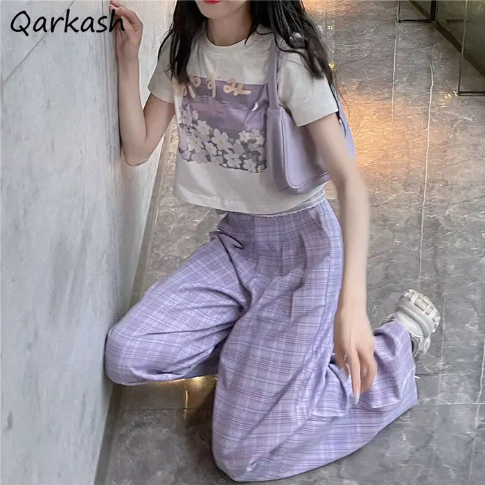 Ensemble haut court à manches courtes pour femmes, pantalon à carreaux adt, streetwear chic de loisi