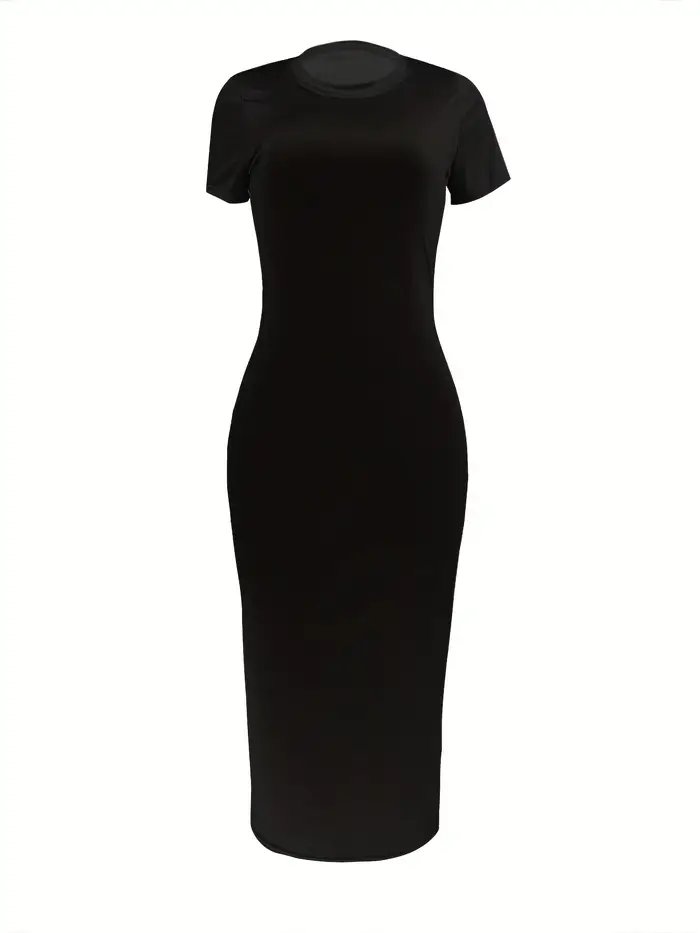 Femmes d'été décontracté mode coupe ajustée sexy couleur unie col rond manches courtes robe longue n
