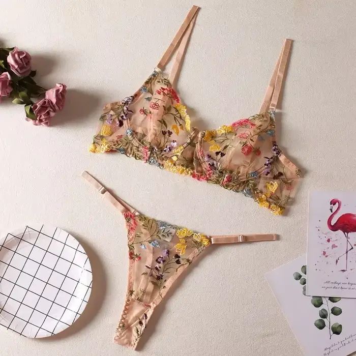 Ensemble de lingerie brodée florale pour femme, soutien-gorge transparent Boho, ensemble de sous-vêt
