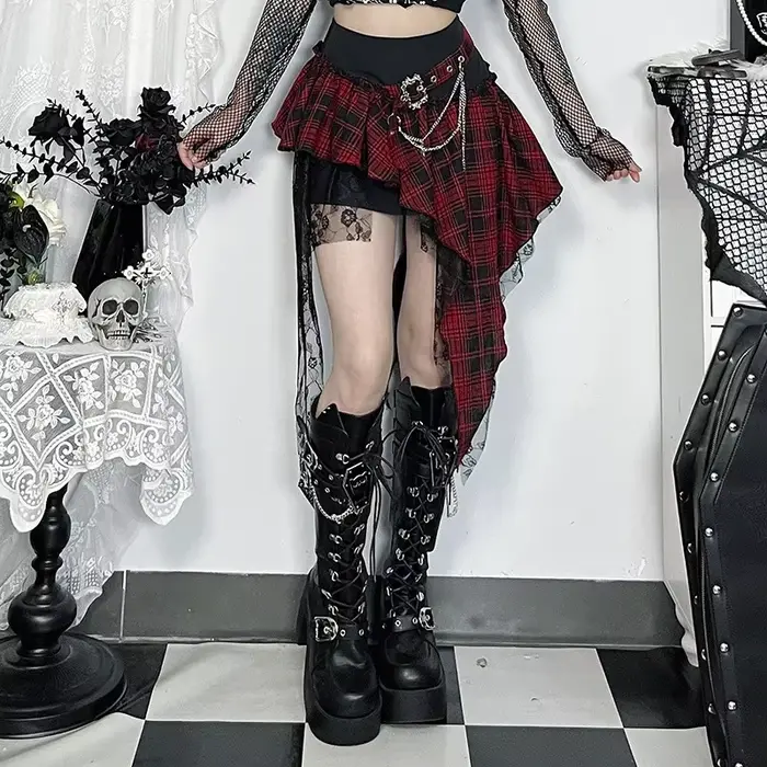 Jupe Punk gothique pour femmes, Streetwear, Harajuku, Patchwork irrégulier, jupe à carreaux rouge, H