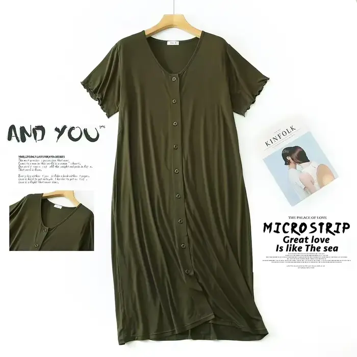 Robe de nuit d'été Sexy à manches courtes, avec boutons, mi-longue, confortable, lisse, en Viscose, 