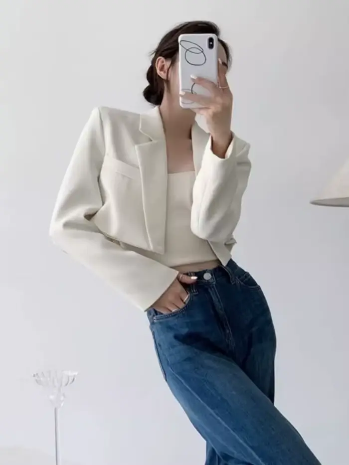 Dámske krátke biele sako základný elegantný jednofarebný vrch s dlhými rukávmi otvorený vpredu ležérny kabát