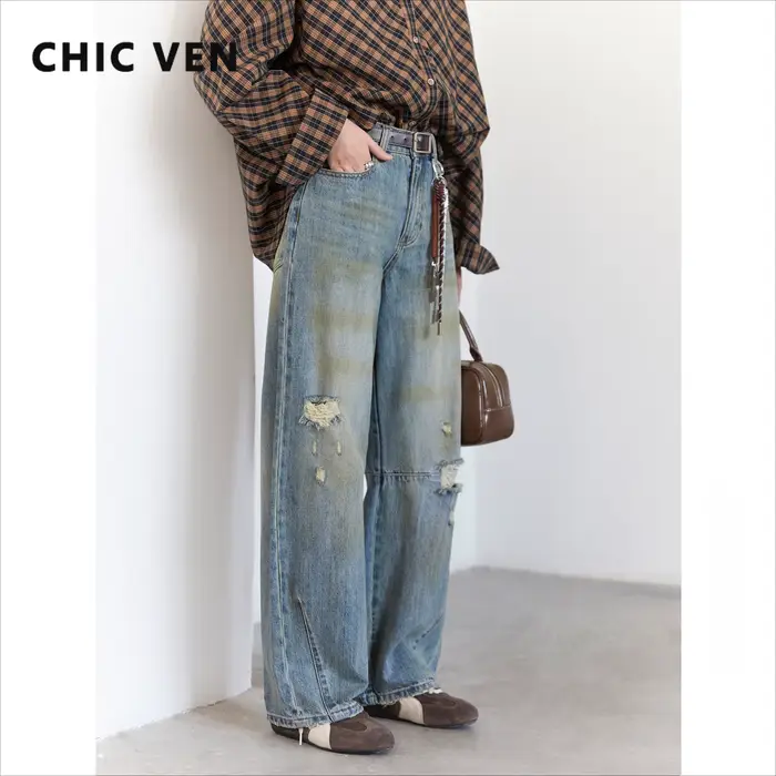 CHIC VEN retro dámske džínsy voľné ležérne nové vysoký pás široké nohavice Denim