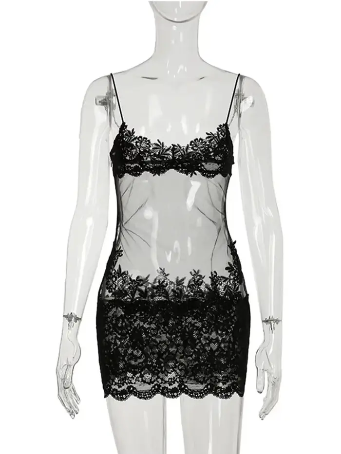 Mini robe transparente en dentelle pour femmes, Sexy, enveloppant, Spaghetti, broderie de fleurs, ga