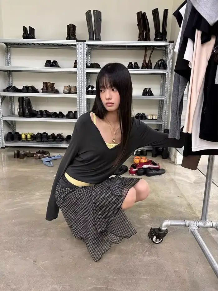 Deeptown Vintage Plaid sieťovaná sukňa pre ženy japonská asymetrická midi
