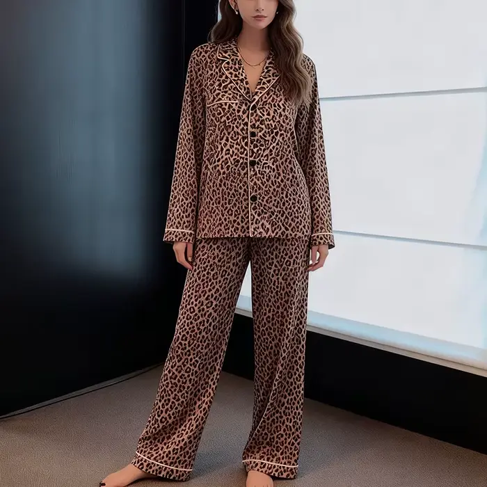 Módne pyžamo Leopard Print pre ženy, Sleepwear s dlhým rukávom, európske a americké domáce oblečenie pre dievčatá