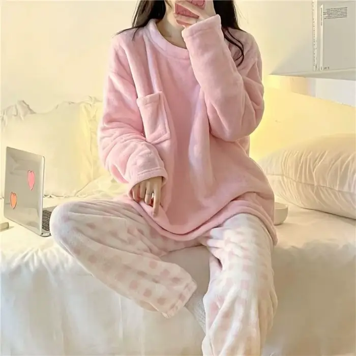 Silné a teplé fleece pyžamo set pre ženy, ležérne zimné nočné oblečenie, obyčajný top a kockované nohavice, mäkké pyžamo set pre ženy, vnútorné oblečenie