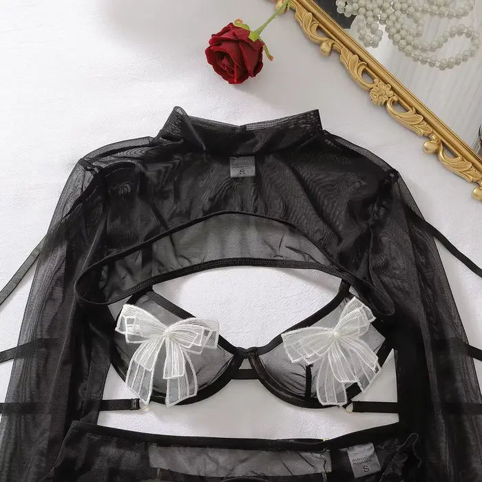 Ensemble lingerie Ellolace transparente pour femme soutien-gorge maille ceinture string bas couverture tenue intime romantique à nouer bouffant occasions spéciales