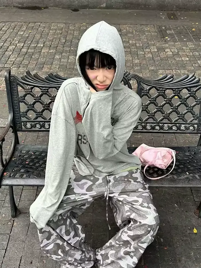 Tonngirls Y2k Vintage Tričko pre ženy ležérne voľné s grafickou potlačou kapucňa japonské 2000 roky Grunge