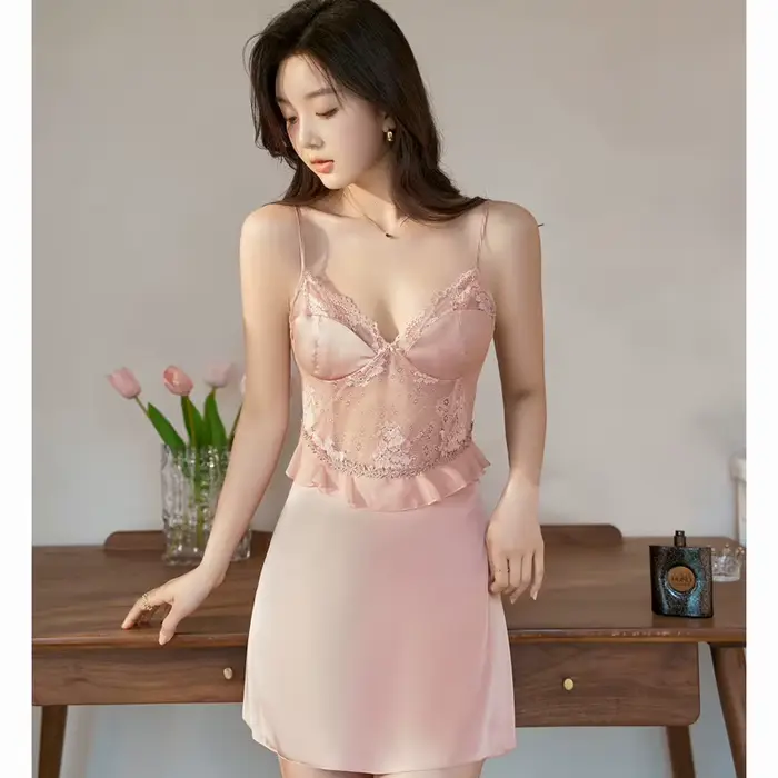 nočná košeľa Ružová čipka pre ženy, Sexy, Bez ramienok, Sleepwear, Spálňové šaty, Leto, Silky satén, Župan, Príležitostné oblečenie