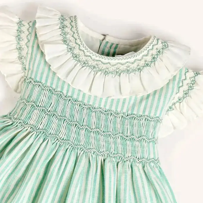 Robes d'été élégantes sans manches pour filles, couleur verte, rayées, avec col smocké à volants fai
