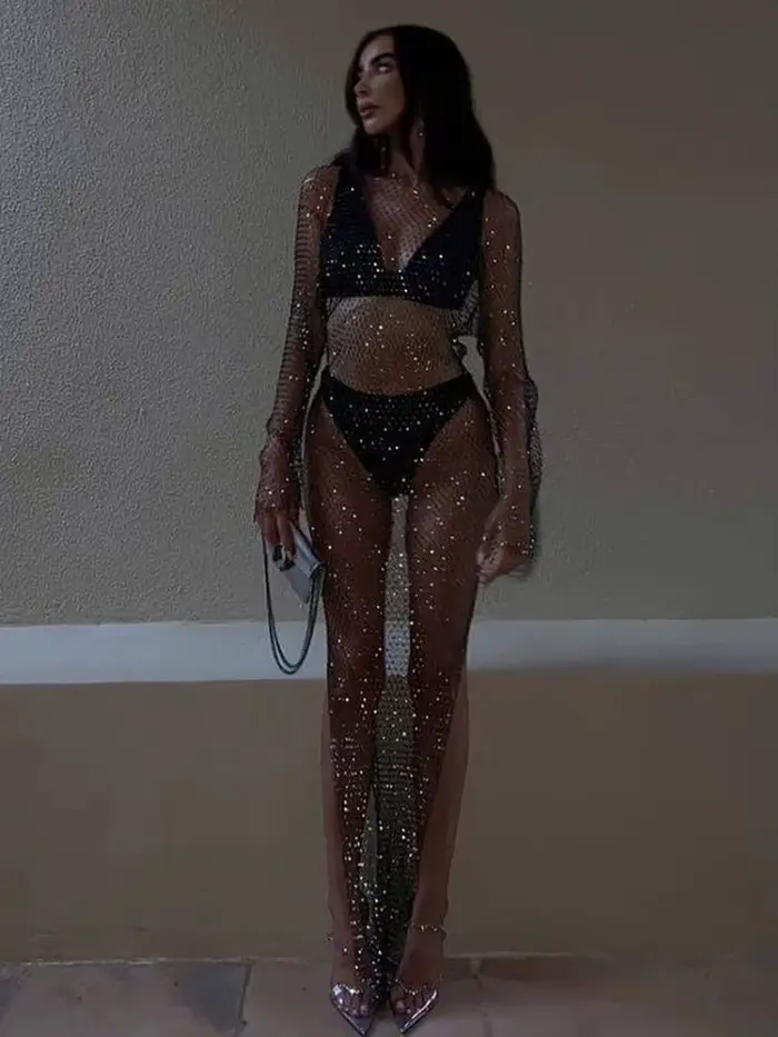 Robe en résille à grille de strass brillants, manches longues, col rond, fente latérale creuse, Sexy