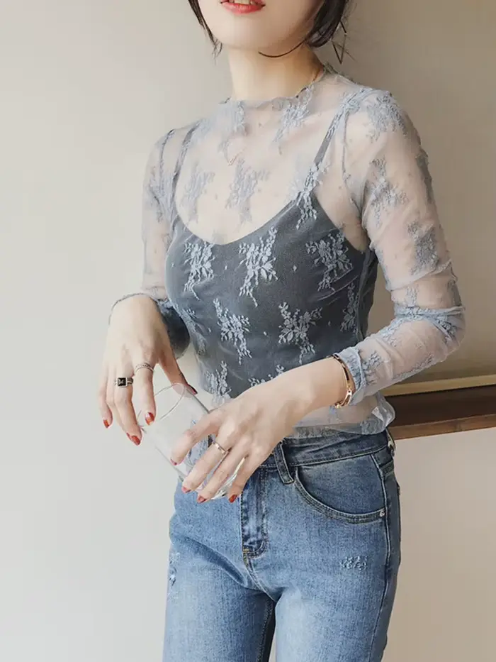 Haut intérieur en dentelle à col haut pour femmes, nouveau style d'automne et d'hiver, chemise en ma