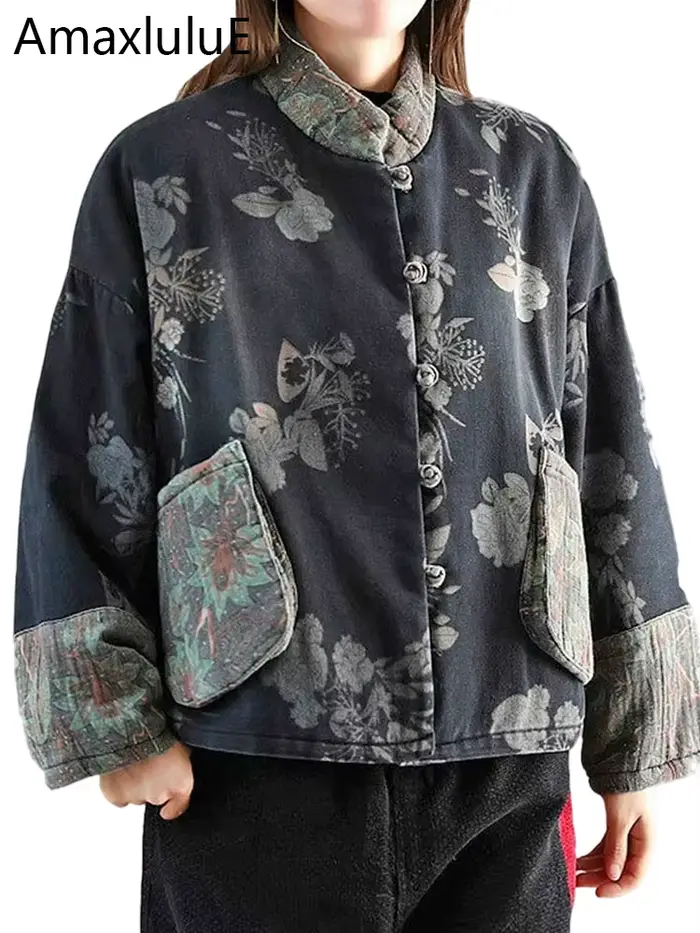Amax LuluE Čínsky dizajn Dámske teplé parky Ženy Vintage Kvetinový Denim Zima prešívané bundy Voľný čas nadrozmerné