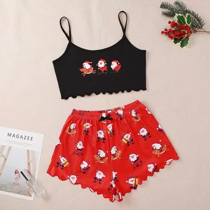 Ensemble de pyjama à col rond pour femme, court, pyjama mignon, licou, short, caraco de Noël