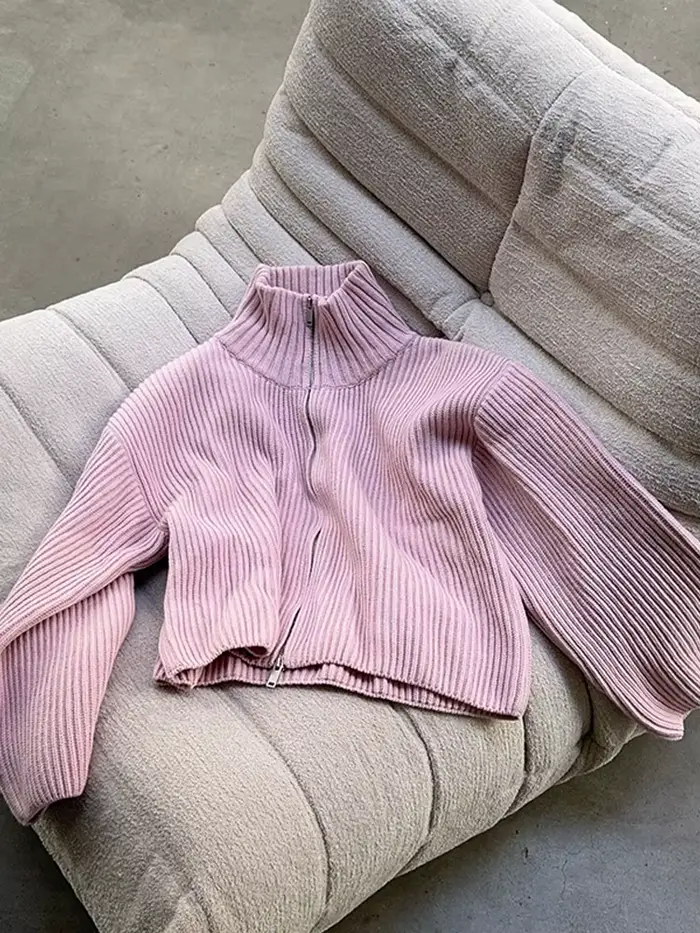Cardigan décontracté en maille rayée pour femme, avec double fermeture éclair, manches longues, col 